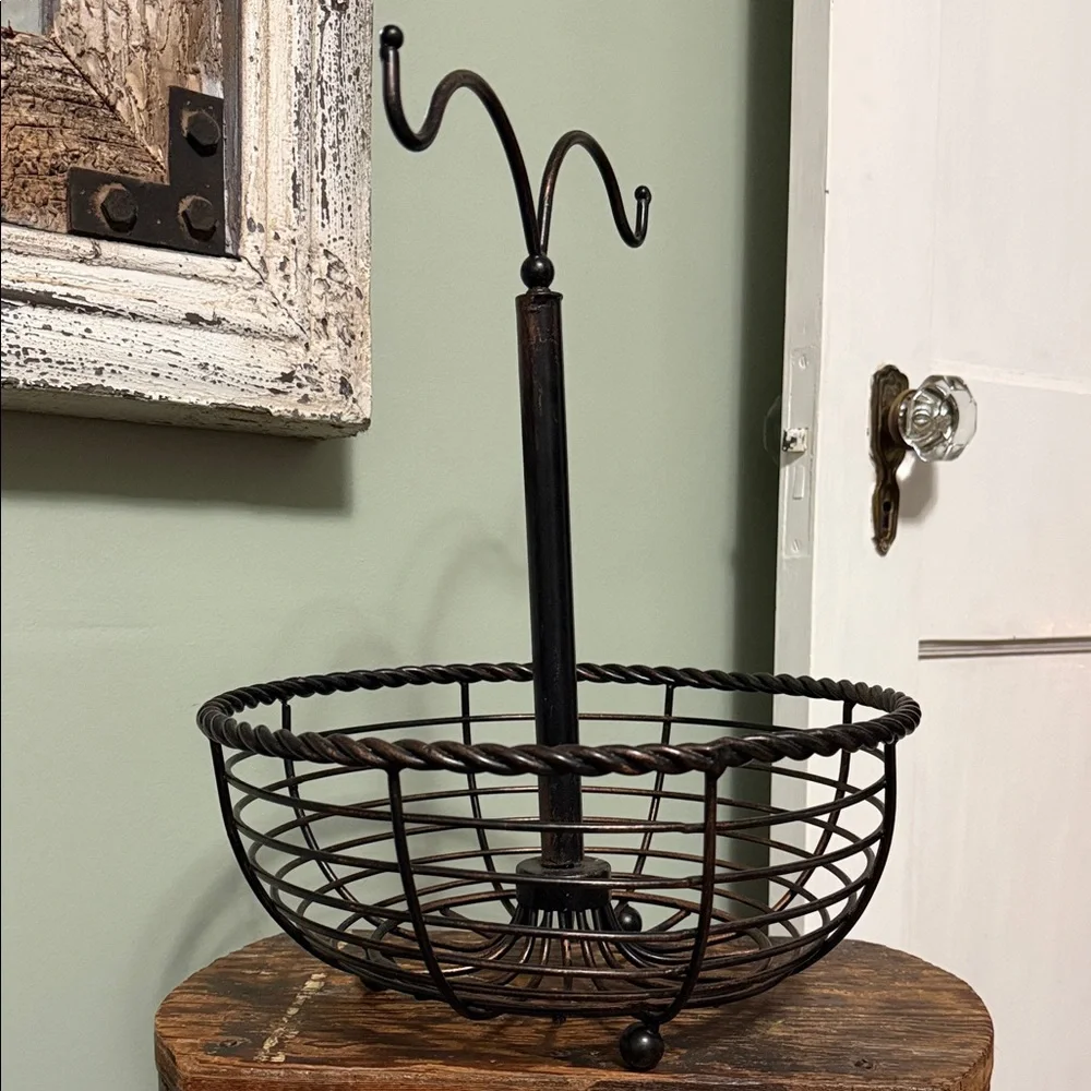 Rustic Twisted Metal Fruit Basket Stand w/ Banana Hanger - Brown/Copper
